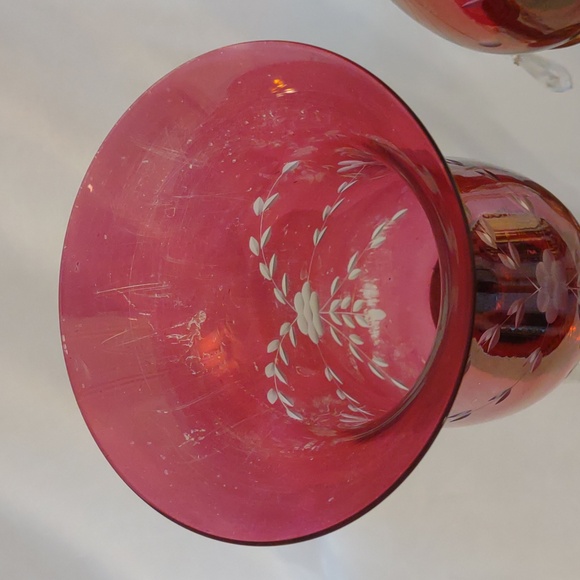 Antique Russian Brass Spring Loaded Candle Holders w/Etched Cranberry Globes - Picture 4 of 13